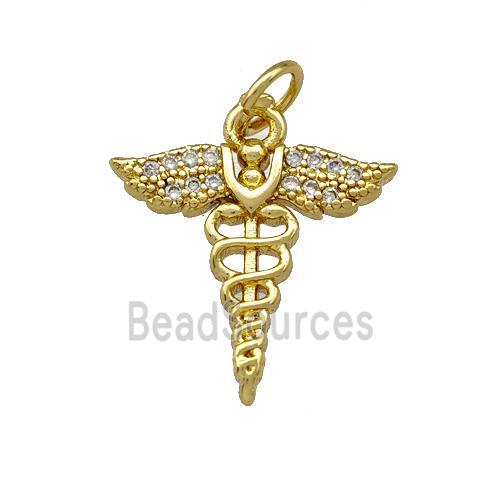 Copper Caduceus Charms Pendant Pave Zirconia Gold Plated