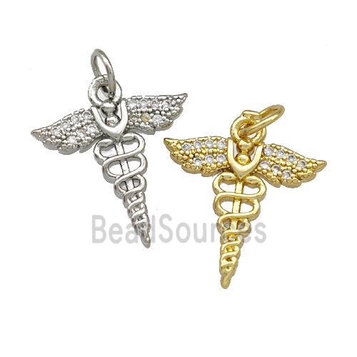 Copper Caduceus Charms Pendant Pave Zirconia Mixed