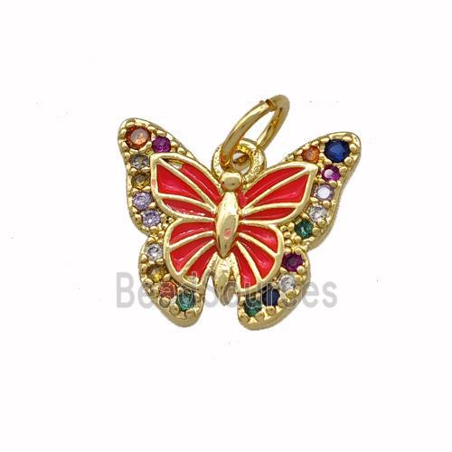 Copper Butterfly Pendant Pave Zirconia Red Painted Gold Plated