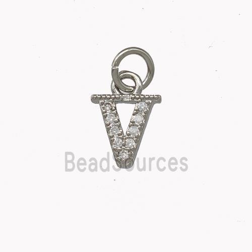 Copper Letter-V Pendant Pave Zirconia Platinum Plated