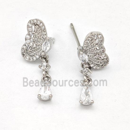 Copper Butterfly Earrings Stud Pave Zirconia Platinum Plated