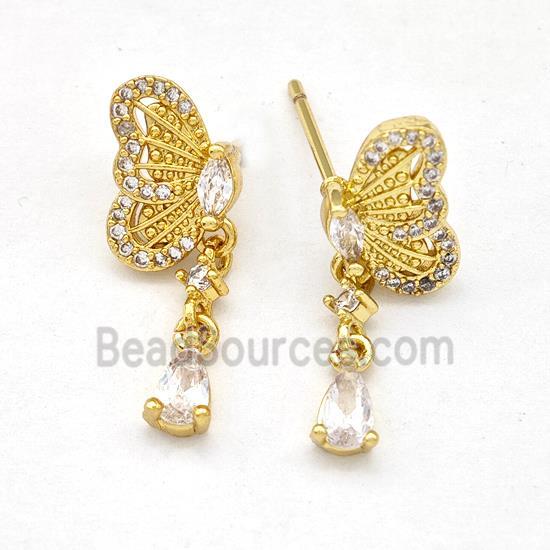 Copper Butterfly Earrings Stud Pave Zirconia Gold Plated