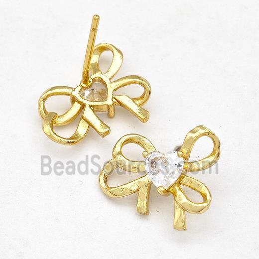 Copper Bow Earrings Stud Pave Zirconia Gold Plated