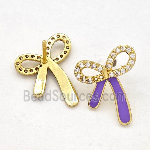 Copper Bow Earrings Stud Pave Zirconia Purple Enamel Gold Plated