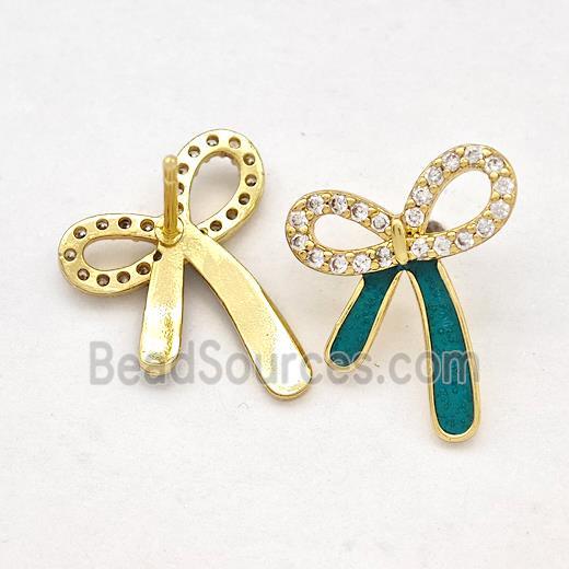 Copper Bow Earrings Stud Pave Zirconia Green Enamel Gold Plated