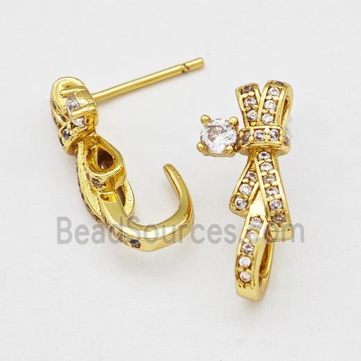 Copper Bow Earrings Stud Pave Zirconia Gold Plated