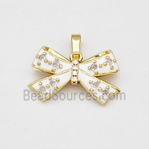 Copper Bow Pendant Pave Zirconia White Enamel Gold Plated