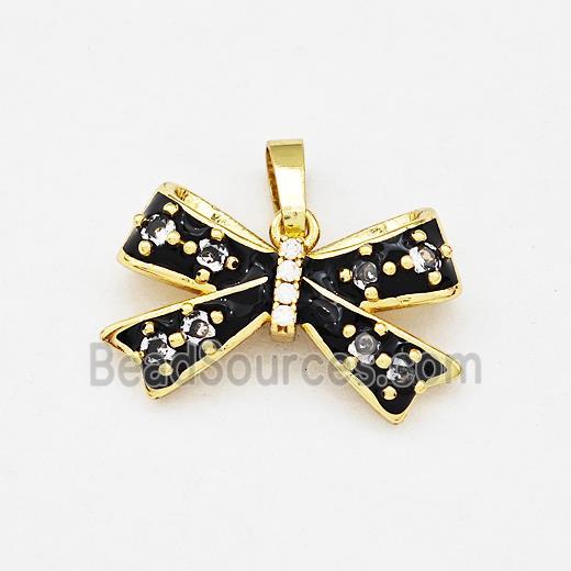 Copper Bow Pendant Pave Zirconia Black Enamel Gold Plated