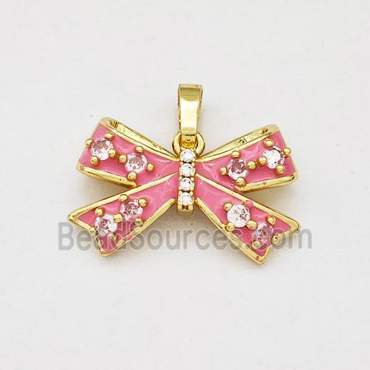 Copper Bow Pendant Pave Zirconia Pink Enamel Gold Plated