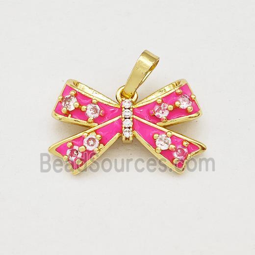 Copper Bow Pendant Pave Zirconia Hotpink Enamel Gold Plated