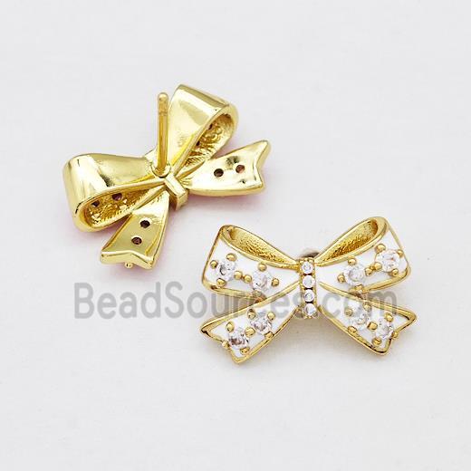 Copper Bow Stud Earrings Pave Zirconia White Enamel Gold Plated