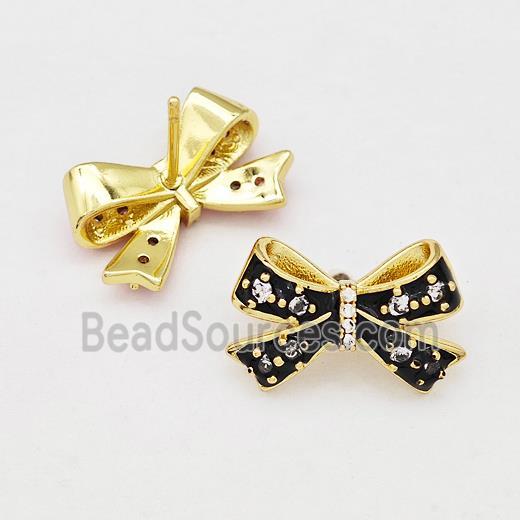 Copper Bow Stud Earrings Pave Zirconia Black Enamel Gold Plated