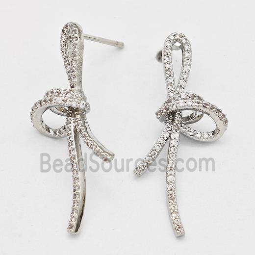 Copper Bow Stud Earrings Pave Zirconia Platinum Plated