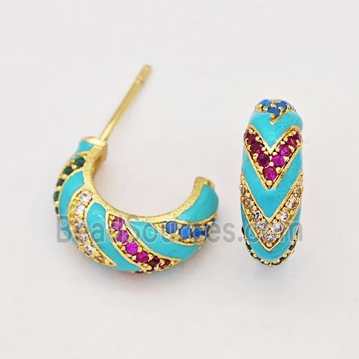 Copper Earring Studs Pave Zirconia Teal Enamel Gold Plated