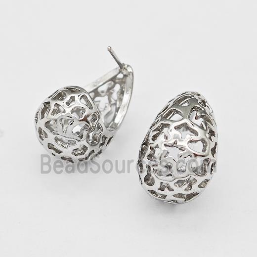 Copper Earring Studs Pave Zirconia Hollow Teardrop Platinum Plated