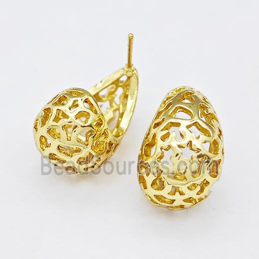 Copper Earring Studs Pave Zirconia Hollow Teardrop Gold Plated