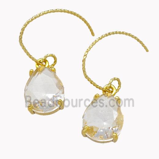 Copper Hook Earrings With Clear Crystal Glass Teardrop Gold Plated