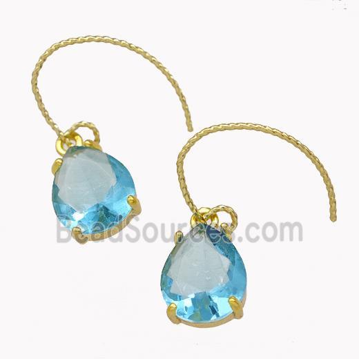 Copper Hook Earrings With Aqua Crystal Glass Teardrop Gold Plated