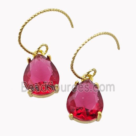 Copper Hook Earrings With Ruby Crystal Glass Teardrop Gold Plated