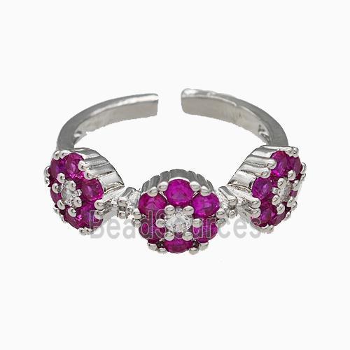 Copper Flower Rings Pave Hotpink Zirconia Platinum Plated