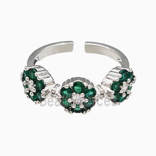 Copper Flower Rings Pave Green Zirconia Platinum Plated