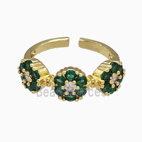 Copper Flower Rings Pave Green Zirconia Gold Plated