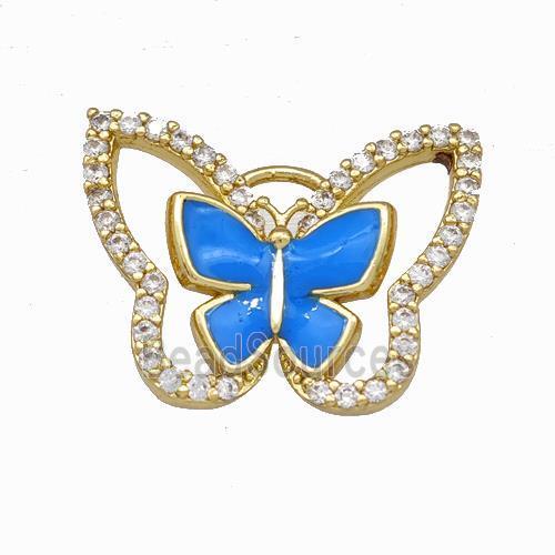 Copper Butterfly Pendant Pave Zirconia Blue Enamel Gold Plated