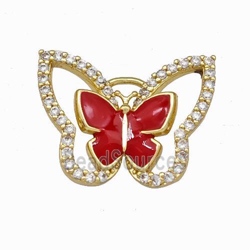 Copper Butterfly Pendant Pave Zirconia Red Enamel Gold Plated