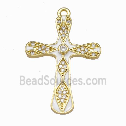 Copper Cross Pendant Pave Zirconia White Enamel Gold Plated