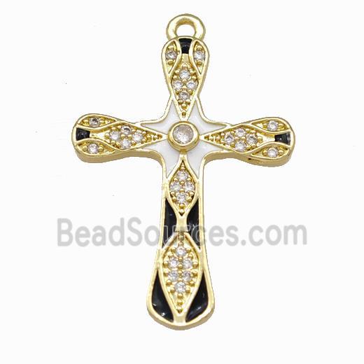 Copper Cross Pendant Pave Zirconia White Black Enamel Gold Plated