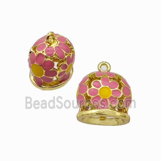 Copper Bell Pendant Daisy Pink Enamel Gold Plated