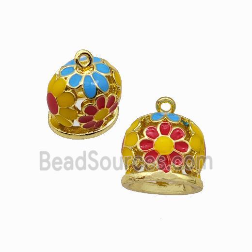 Copper Bell Pendant Daisy Multicolor Enamel Gold Plated