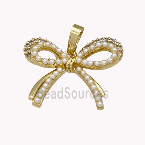 Copper Bow Pendant Pave Zirconia Pearlized Resin Gold Plated