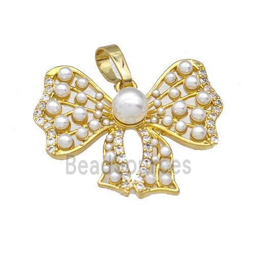 Copper Bow Pendant Pave Zirconia Pearlized Resin Gold Plated