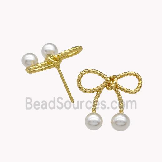 Copper Bow Stud Earrings Pave Pearlized Resin Gold Plated