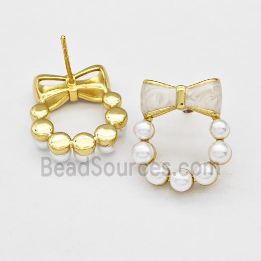 Copper Bow Stud Earrings Pave Pearlized Resin White Painted Gold Plated