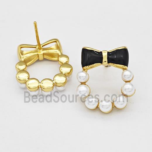 Copper Bow Stud Earrings Pave Pearlized Resin Black Painted Gold Plated