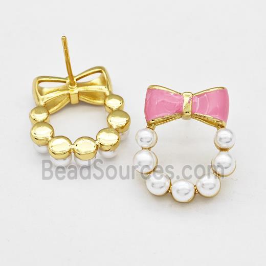 Copper Bow Stud Earrings Pave Pearlized Resin Pink Painted Gold Plated