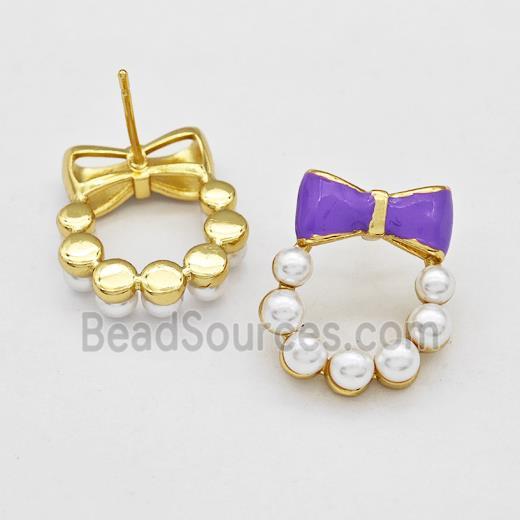 Copper Bow Stud Earrings Pave Pearlized Resin Purple Painted Gold Plated