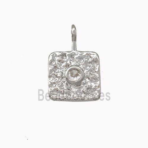 Copper Square Pendant Pave Zirconia Hammered Platinum Plated