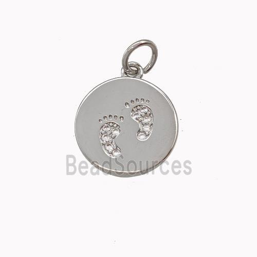 Copper Coin Pendant Pave Zirconia Foot Print Platinum Plated