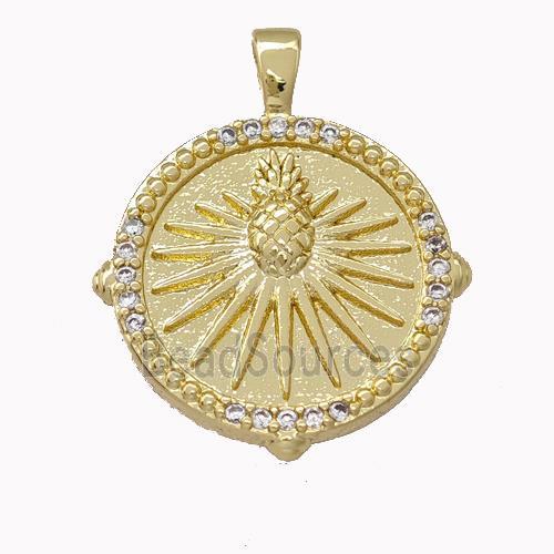 Pineapple Charms Copper Coin Pendant Pave Zirconia Gold Plated