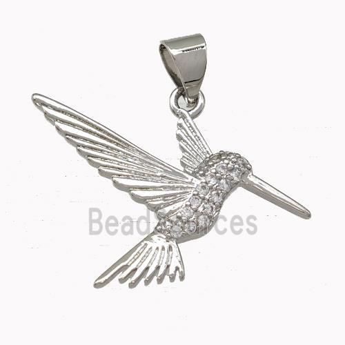 Hummingbird Charms Copper Pendant Micro Pave Zirconia Platinum Plated