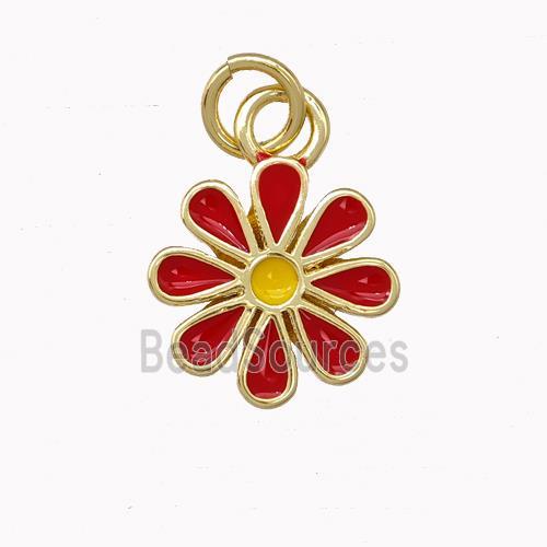 Copper Daisy Flower Pendant Red Enamel Gold Plated