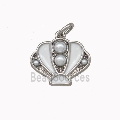 Scallop shell Charms Copper Pendant Pave Pearlized Resin White Enamel Platinum Plated