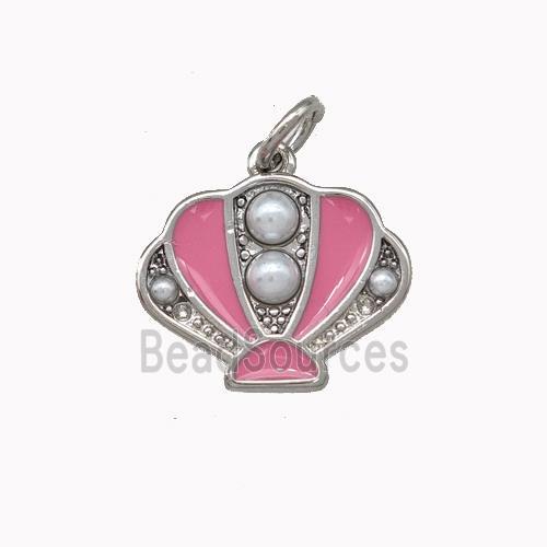 Scallop shell Charms Copper Pendant Pave Pearlized Resin Pink Enamel Platinum Plated