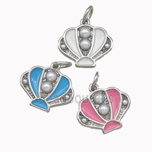 Scallop shell Charms Copper Pendant Pave Pearlized Resin Enamel Platinum Plated Mixed