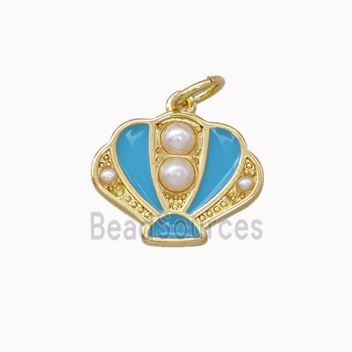 Scallop shell Charms Copper Pendant Pave Pearlized Resin Blue Enamel Gold Plated