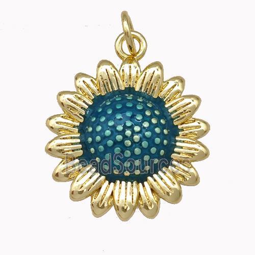 Copper Sunflower Pendant Teal Painted Gold Plated