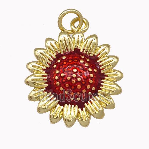 Copper Sunflower Pendant Red Painted Gold Plated